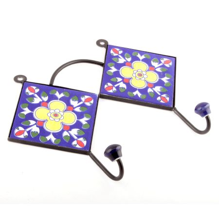 Navy Blue And Yellow Ceramic Floral Tiles Hooks